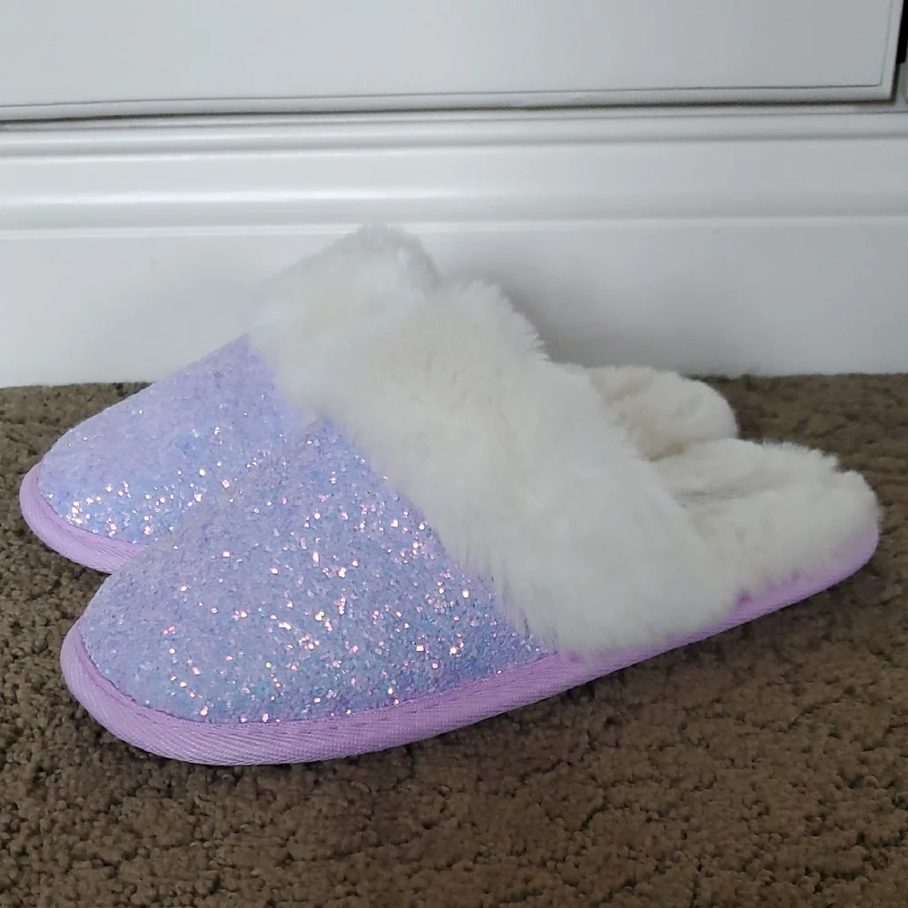 Girls Falls Creek Glitter Lilac Purple Scuff Slippers Fur Lining Size XL 4/5 NWT